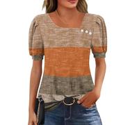 Rapbin Women Top Puff Short Sleeve T Shirt Ladies Asymmetrical Neck Button Blouse Tees Elegant Tunic Ladies Summer Tops for Leggings Brown Color Block S