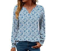 Rapbin Women Tops Length Sleeve V-Neck Blouses Casual Loose Fit Ladies Elegant Tunic Business T Shirts (8-10,Blue with White Floral)