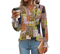Rapbin Womens Autumn Long Sleeve Tee Shirts Casual V Neck Button Pleated Floral Tops Fashion Dressy Blouse Multi Colored Squares-S(UK 8-10)