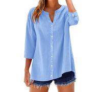 Rapbin Womens Button Down Shirt 3/4 Sleeve V Neck Top Cotton Linen Casual Blouse Roll Up Sleeves Loose(Sky Blue,L)