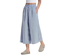 Rapbin Womens Capri Trousers Striped Elastic Waist Cotton Relaxed Loose Casual Cropped Pants with Pockets Blue-White