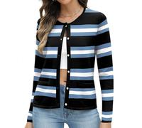 Rapbin Womens Cardigans Long Sleeve Lightweight Short Sweaters Button Down Knit Ladies Tops Jumper with Pocket (20-22,Wht,Blu&Blk Stripes)
