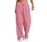 Rapbin Womens Gingham Lounge Pants Casual Plain Wide Leg Pajama Bottoms Cotton Trousers with Pockets Red-White