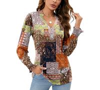 Rapbin Womens Going Out Tops V Neck Puff Long Sleeve T-Shirts Ladies Button Down Tunic Casual Ruffles Cuffs Sleeve Blouses Multiple Orange Floral XXL (UK 20-22)