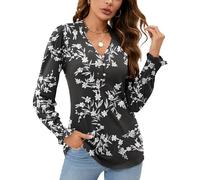 Rapbin Womens Going Out Tops V Neck Puff Long Sleeve T-Shirts Ladies Button Down Tunic Casual Ruffles Cuffs Sleeve Blouses Black White Floral L (UK 16-18)
