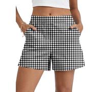 Rapbin Women's Plaid Check Shorts Black & White Grid Lightweight Pattern Mid Rise Loose Fit Casual Pants with Pockets S