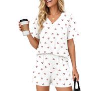 Rapbin Womens Pyjama Set Short Sleeve Summer Pjs Set V Neck Top Lounge Wear Sets for Women Pyjama Shorts Bridesmaid Pjs Set Soft Nightwear Co ord Sets Red Cherry M