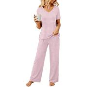 Rapbin Women's Pyjama Set Shorts Cute Print Two Piece Pj Sets Nightwear with Pockets Casual Summer and Autumn (12-14,Pink-White Stripes)