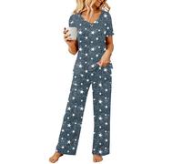 Rapbin Women's Pyjama Sets Nightwear V-Neck Two Piece Pj Sets Loose Fit Casual for Womens with Pockets 2026 (20-22,Star)