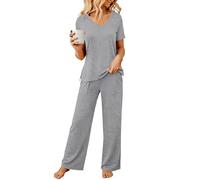 Rapbin Women's Pyjama Sets Nightwear V-Neck Two Piece Pj Sets Loose Fit for Womens Summer Outfits Loungewear (8-10,Grey)