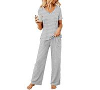 Rapbin Women's Pyjama Sets Short Sleeve Sleepwear Loungewear Soft Loose Fit Two Piece Pj Sets Sommer (20-22,White-Black Stripes)