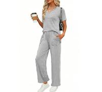Rapbin Women's Pyjama Sets Short Sleeve Sleepwear Loungewear Soft Loose Fit Two Piece Pj Sets Sommer (12-14,White-Black Stripes)