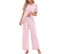 Rapbin Womens Pyjamas Set Ladies Pjs Soft Loungewear Short Sleeve Leopard Heart Print Tops and Pyjama Bottoms Co ord Sets with Pockets Drawstring Pink Leopard Print M