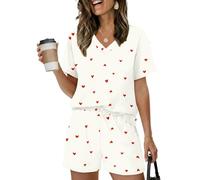 Rapbin Womens Pyjamas Set Short Sleeve Two Piece Pjs V Neck Top Lounge Wear Sets for Women Pyjama Shorts Bridesmaid Pjs Set Soft Nightwear Co ord Sets White Heart Print XXL