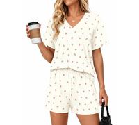 Rapbin Womens Pyjamas Set Short Sleeve V Neck Top Lounge Wear Sets for Women Pyjama Shorts Bridesmaid Cute Pjs Set Soft Nightwear Co ord Sets Apricot Red Flower M