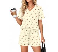 Rapbin Womens Pyjamas Sets Cute Pjs Short Sleeve V Neck Top Lounge Wear Sets for Women Pyjama Shorts Bridesmaid Pjs Set Soft Nightwear Co ord Sets Apricot Cherry M