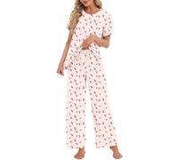 Rapbin Womens Pyjamas Sets Ladies Cute Pjs Short Sleeve Loungewear Top and Wide Leg Pants Bridesmaid Pjs Set Soft Nightwear Co ord Sets with Pockets Pink Cherry Print S