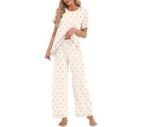 Rapbin Womens Pyjamas Sets Ladies Pjs Cute Two Piece Set Short Sleeve Loungewear Top and Wide Leg Pants Bridesmaid Pjs Set Soft Nightwear Co ord Sets with Pockets Apricot with cherry print M