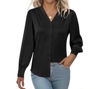 Rapbin Womens Satin Shirt V Neck Long Sleeve Blouses Silk Button Down Tops