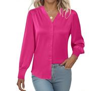 Rapbin Womens Satin Shirt V Neck Long Sleeve Blouses Silk Button Down Tops | Ladies 2026 Summer Autumn Casual Trendy Solid Plain Tops Office Business Shirts