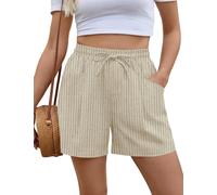 Rapbin Womens Shorts Summer Linen Cotton Wide Leg Drawstring Elastic Waist Casual Shorts with Pockets Apricot Pinstripe XL
