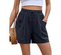 Rapbin Womens Shorts Summer Linen Cotton Wide Leg Drawstring Elastic Waist Casual Shorts with Pockets Navy Blue Pinstripe M