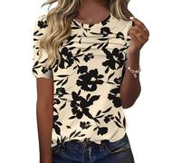 Rapbin Womens Summer Tops Puff Short Sleeve Casual Dressy T-Shirt Crew Neck Pleated Floral Printed Tunic Blouse Loose Shirts 2026(Apricot Black Floral,L)