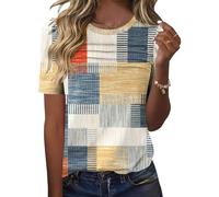 Rapbin Womens Summer Tops Puff Short Sleeve Dressy Casual Blouses Crew Neck Pleated Floral Printed T-Shirt Loose Fit Spring Tunic 2026(Colorblock,XXL)