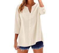 Rapbin Womens Tops 3/4 Sleeve Button Down Shirts V Neck Cotton Linen Loose Blouses Roll Up Sleeves Casual V Neck Tunic Tops(White Apricot,M)