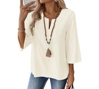 Rapbin Womens Tops 3/4 Sleeve Spring Summer Cotton Linen Casual Loose Fit Blouses V Neck Boho Fashion Shirts Apricot XL