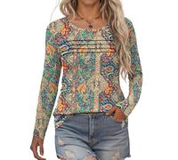 Rapbin Womens Tops Long Sleeve Crew Neck T-Shirt Trendy Pleated Floral Printed Tunic Blouse Dressy Casual Spring Shirts 2026 Fashion(Colorful Floral,S)