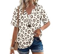 Rapbin Womens Tops V Neck Short Sleeve Cotton Linen Blouses Summer Leopard Print Tops for Women T Shirt Buttons Elegant Shirts Dressy Casual Tunic White Brown Leopard M