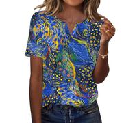 Rapbin Womens Tops V Neck T-Shirt Floral Printed Tunic Irregular Hem Style Summer Blouse Deep Blue-S(UK 8-10)