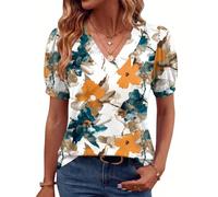 Rapbin Womens Tops V Neck T Shirts Puff Sleeve Summer 2026 Tunic Blouse | Ladies Casual Short Sleeve Floral Loose Fit Printed Tunic T-Shirt Pleated Blouses