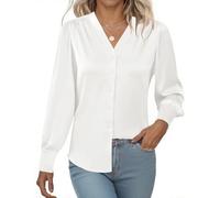 Rapbin Women's V Neck Satin Blouses Long Sleeve Tops for Ladies Button Down Blouse Summer 2026 Business Shirts White