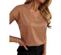 Rapbin Womens V Neck Satin Shirt Casual Cap Short Sleeve Blouse Summer 2026 Basic Silk Work Tops Solid Light Brown