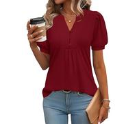 Rapbin Womens V Neck Tops Button Detail Puff Short Sleeve Shirt Slim Fit Polyester Tunic for Summer UK Red-S(UK 8-10)