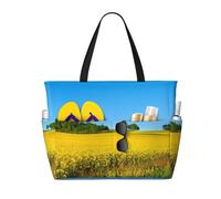 Rape Flower Field Print Large Waterproof Beach Tote Bag for Women with Zip and Pockets Foldable Handbag for Travel Pool Shopping Holiday Gym