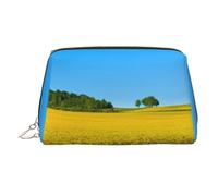 Rape Flower Field Print Makeup Bag Portable Leather Waterproof Cosmetic Bag Clutch Makeup Brush Bag (6.7x4.3in)