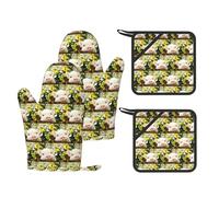 Rape flower pig Printed Pot Holders and Oven Mitts 4-Piece, Non-Slip Kitchen Gloves with Utensil Pocket for BBQ