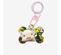 Rape Flower Pig Printing Acrylic Dog Bone Ornament,Dog Tags Personalized Pet Ornament, Key Chain Bone Shaped Id Tags