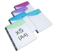 Rapesco 1630 Punch Pockets – Recycled High-Capacity A4, Clear with Assorted Colour Flaps, Pack of 5