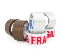 Rapesco 1687 Strong Packing Tape Variety Pack, 50 mm Wide, Pack of 6 Tape Rolls, 2 x Brown, 2 x Clear, 2 x Fragile