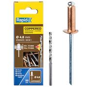 Rapid High Performance Copper Coated Aluminium Rivets, Ø4.8 x 12 mm - 4.8mm Rivets for Gutters, Piping, and Sheet Metal - Includes Drill - 50 Pieces, Carton Boxed (5001467)