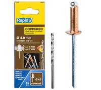 Rapid Copper-Plated Blind Rivets 4 x 10 mm with Drill Bit, 50 Pieces | Copper-plated truss head; 5-7 mm clamping range; 4 mm diameter; for gutters, pipes; 50 pieces; drill bit included