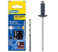 Rapid High Performance Anthracite Grey Aluminium Rivets, Ø4.8 x 12 mm - 4mm Rivets for Gutters, Piping, and Sheet Metal - Includes Drill - 50 Pieces, Carton Boxed (5001470)