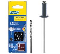 Rapid High Performance Anthracite Grey Aluminium Rivets, Ø4 x 10 mm - 4mm Rivets for Gutters, Piping, and Sheet Metal - Includes Drill - 50 Pieces, Carton Boxed (5001465)