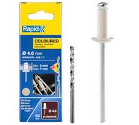 Rapid High Performance Cream White Aluminium Rivets, Ø4 x 10 mm - 4mm Rivets for Gutters, Piping, and Sheet Metal - Includes Drill - 50 Pieces, Carton Boxed (5001464)