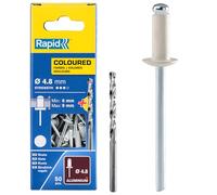 Rapid High Performance White Aluminium Rivets, Ø4.8 x 12 mm - 4mm Rivets for Gutters, Piping, and Sheet Metal - Includes Drill - 50 Pieces, Carton Boxed (5001468)