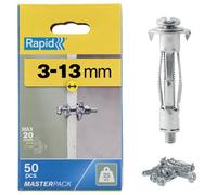 Rapid Hollow Wall Anchors, Pack of 50 Heavy Duty Metal Plasterboard Fixings for 3-13 mm Wall Thickness, 25 kg Load, Cavity Wall Fixings, Wall Plugs, Plasterboard & Chipboard Plugs (5001560)